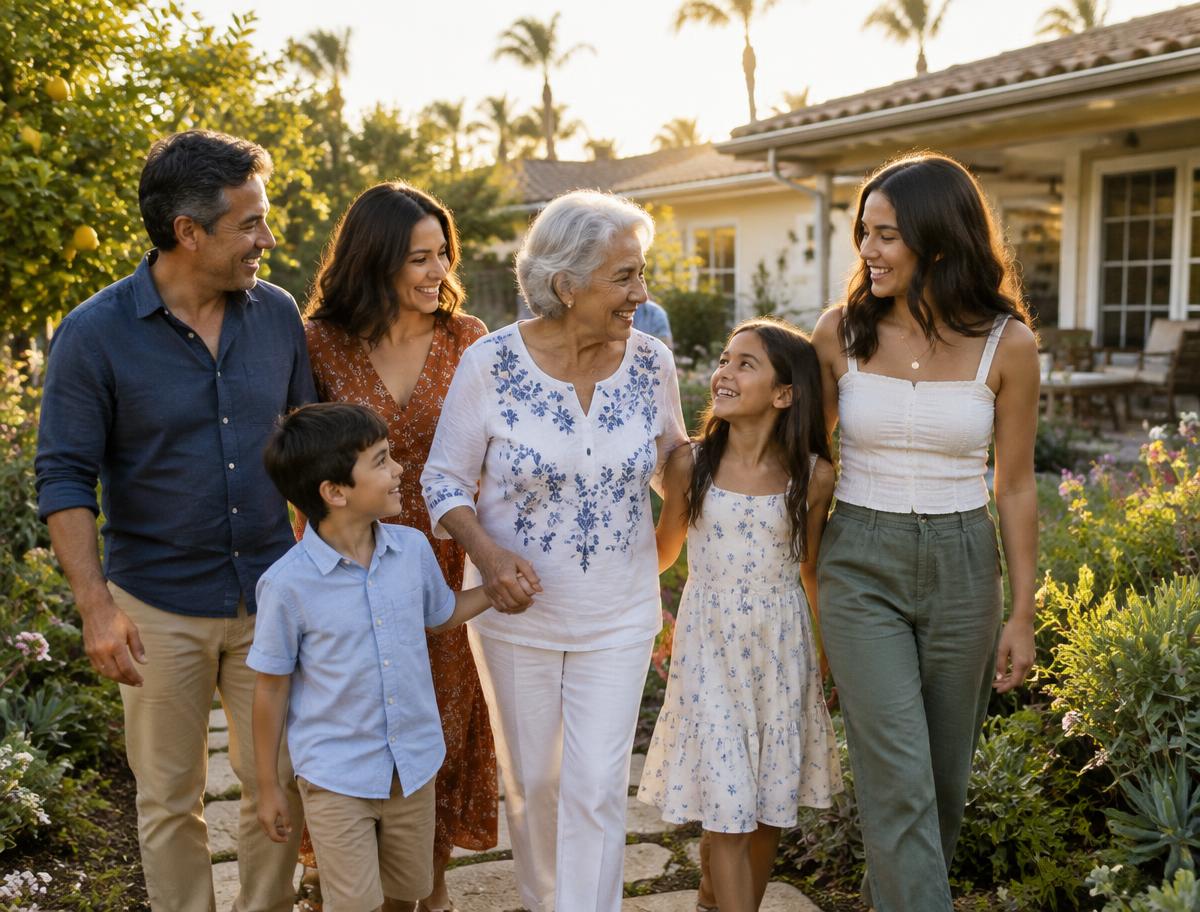 Multigenerational family walking in the garden of their home