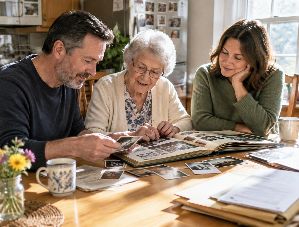 Family looking through photo albums at the kitchen table